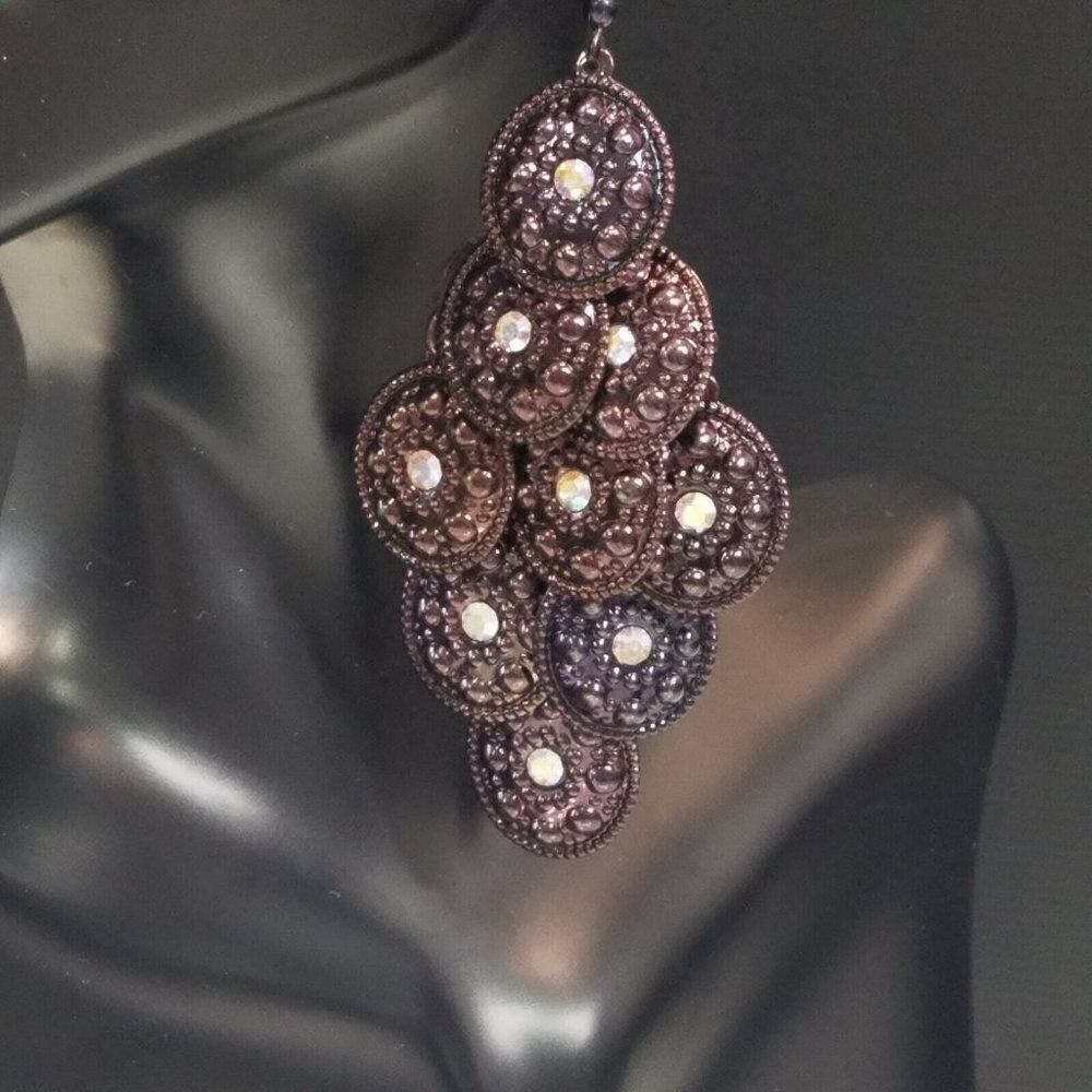 Glitter Disc Dangle Drop Chandelier Earrings Pierced Hook - Picture 3 of 4